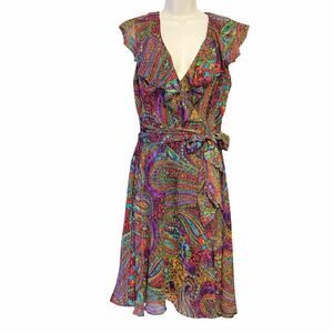 Vintage R&K Originals Paisley Belted Midi Dress Size 10 Boho V Neck